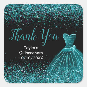 Teal Blue Dress Faux Glitter Quinceanera Square Sticker