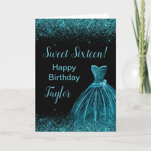 Teal Blue Dress Faux Glitter Sweet 16 Birthday Card