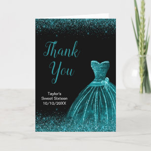 Teal Blue Dress Faux Glitter Sweet 16 Birthday Letterpress Thank You Card