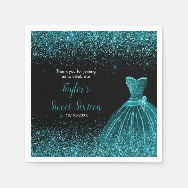 Teal Blue Dress Faux Glitter Sweet 16 Birthday Napkins (Front)