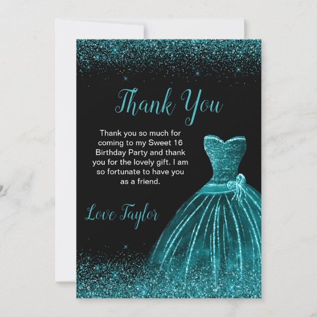 Teal Blue Dress Faux Glitter Sweet 16 Birthday Thank You Card (Front)