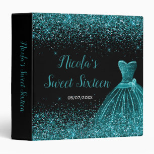 Teal Blue Dress Faux Glitter Sweet 16 Photo Album 3 Ring Binder