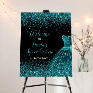 Teal Blue Dress Faux Glitter Sweet 16 Welcome Foam Board
