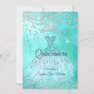 Teal Blue Dress Silver Quinceanera 15th Birthday Invitation