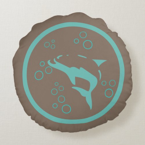 Teal blue driftwood grey DOLPHIN  bubbles nautical Round Pillow