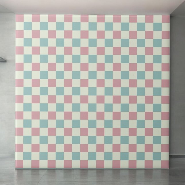 Teal Blue & Dusty Pink Checkered Pattern Retro Ceramic Tile (Creator Uploaded)
