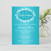 Teal Blue Elegant Swirl Quinceanera Birthday Party Invitation (Standing Front)