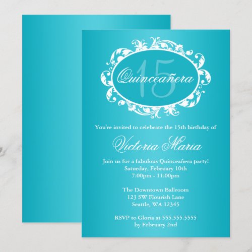 Teal Blue Elegant Swirl Quinceanera Birthday Party Invites