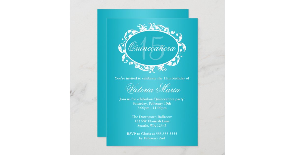 Teal Blue Elegant Swirl Quinceanera Birthday Party Invitation Zazzle 