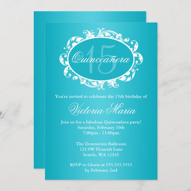 Teal Blue Elegant Swirl Quinceanera Birthday Party Invitation (Front/Back)