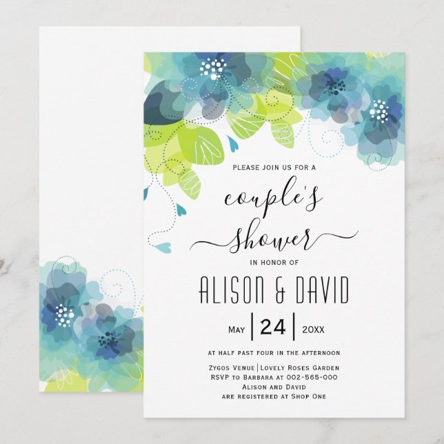Teal blue ethereal flowers wedding couples shower invitation (Front/Back)