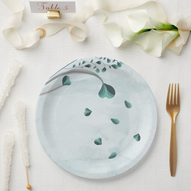teal blue falling leaves botanical paper plates (Wedding)