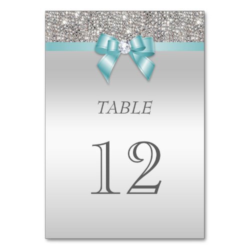 Teal Blue Faux Bow Silver Sequins Table Number