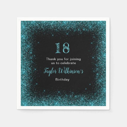 Teal Blue Faux Glitter Birthday Party Napkins