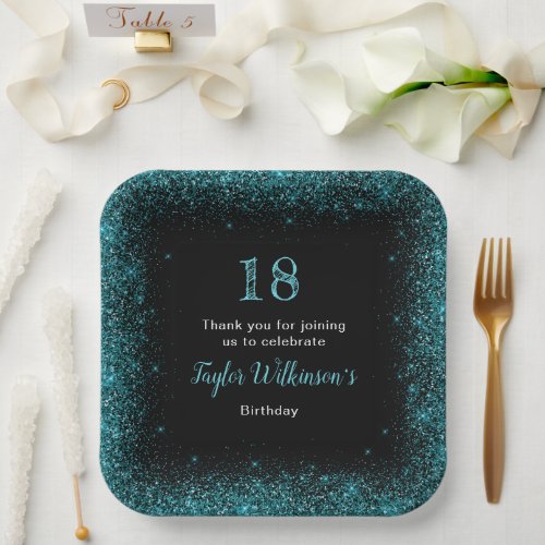 Teal Blue Faux Glitter Birthday Party Paper Plates