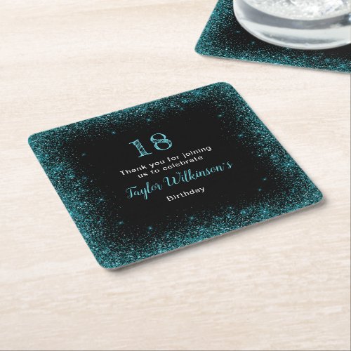 Teal Blue Faux Glitter Birthday Party Square Paper Coaster
