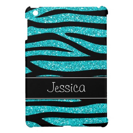 Teal Blue Faux Glitter Zebra Personalized Cover For The Ipad Mini