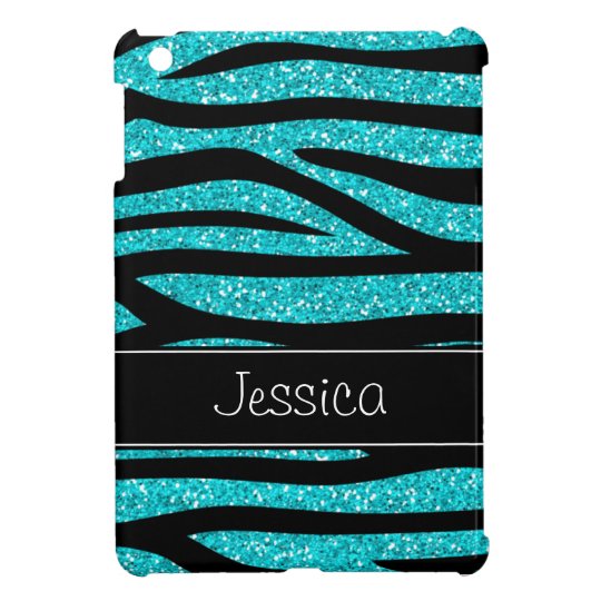 Teal Blue Faux Glitter Zebra Personalized Cover For The iPad Mini