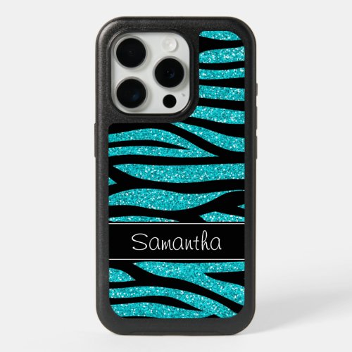 Teal Blue Faux Glitter Zebra Personalized iPhone 15 Pro Case