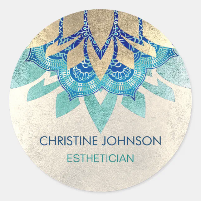teal blue faux gold lotus logo classic round sticker | Zazzle