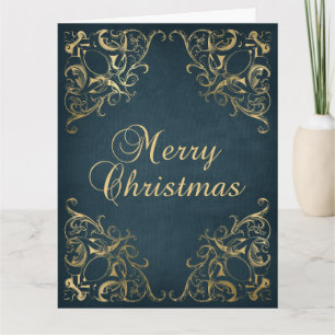 Teal Blue Faux Gold Ornate Border Merry Christmas Card