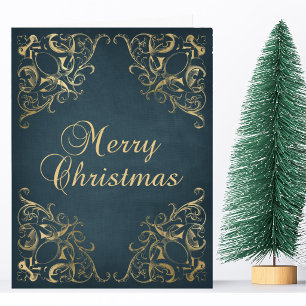 Teal Blue Faux Gold Ornate Border Merry Christmas Card