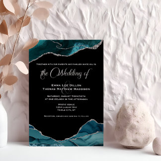 Teal Blue Faux Silver Glitter Agate Wedding Foil Invitation