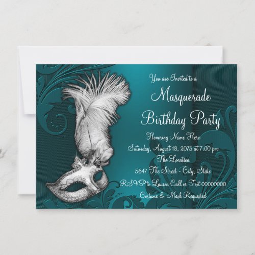 Teal Blue Feather Mask Masquerade Party Invitation