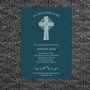Teal Blue First Communion Invitation