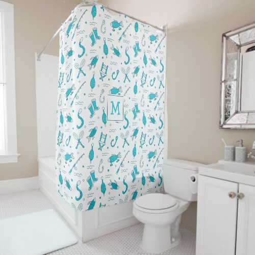 Teal Blue Fishing Seamless Pattern Monogrammed Sho Shower Curtain