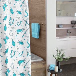 Teal Blue Fishing Seamless Pattern Monogrammed Shower Curtain