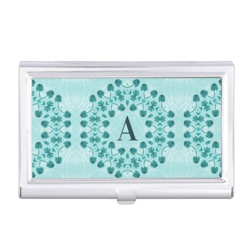 Teal Blue Floral Abstract Monogram Business Card Case