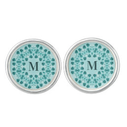 Teal Blue Floral Abstract Monogram Cufflinks
