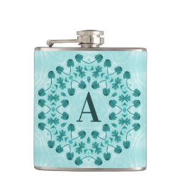 Teal Blue Floral Abstract Monogram Flask
