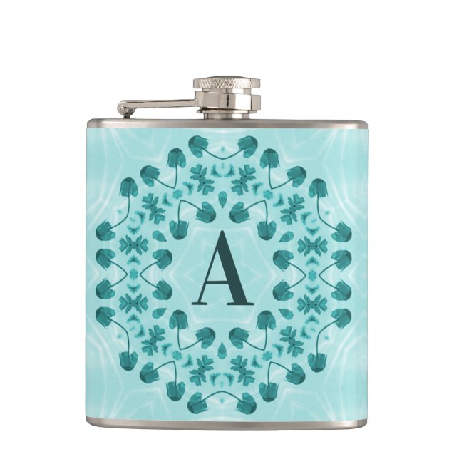 Teal Blue Floral Abstract Monogram Flask (Front)