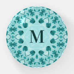 Teal Blue Floral Abstract Monogram Paperweight