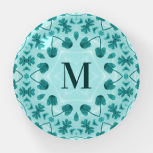 Teal Blue Floral Abstract Monogram Paperweight