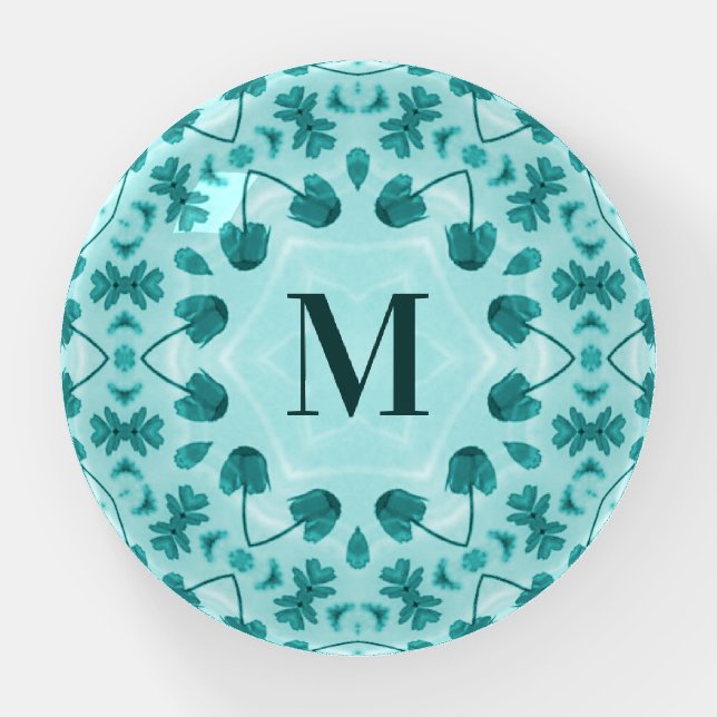 Teal Blue Floral Abstract Monogram Paperweight (Front)