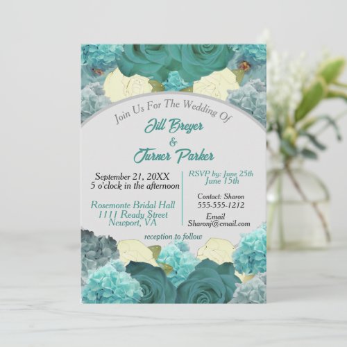 Teal Blue Floral and Rose Elegant Wedding  Invitation