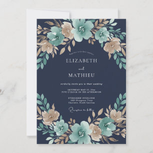 Teal Blue Floral Autumn Wedding Invitation