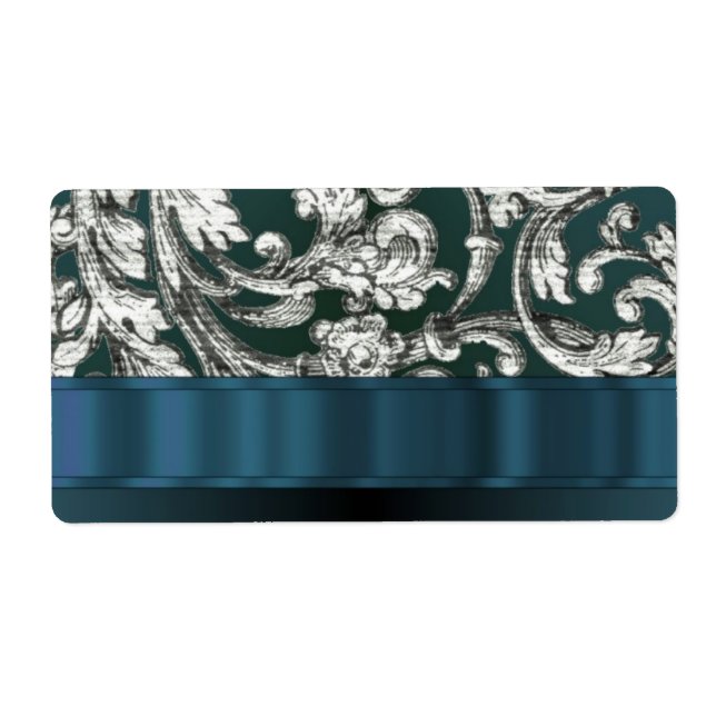 Teal blue floral damask pattern label (Front)
