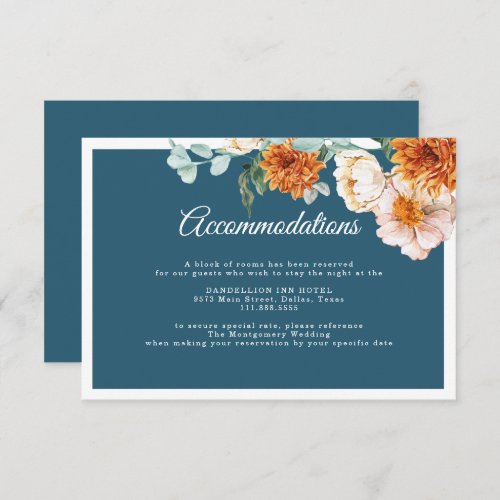 Teal Blue Floral Fall Wedding Accommodations  Enclosure Card