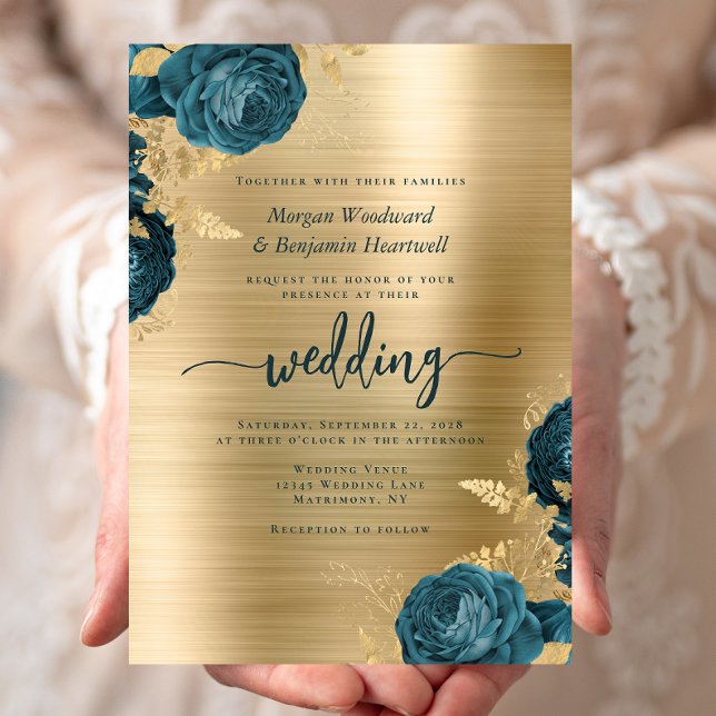 Teal Blue Floral Gold Brushed Metal Wedding Invitation (Creator Uploaded)