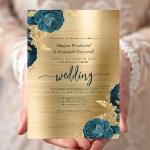Teal Blue Floral Gold Brushed Metal Wedding Invitation