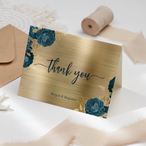 Teal Blue Floral Gold Brushed Metal Wedding Letterpress Thank You Card