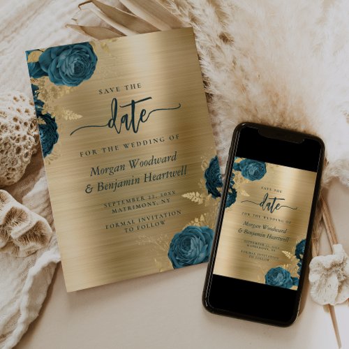 Teal Blue Floral Gold Glam Wedding Save the Date Invitation