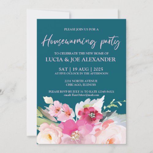 Teal Blue Floral Housewarming party  Invitation