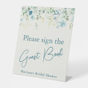 Teal Blue Floral Ivory Bridal Shower Guest Book Pedestal Sign