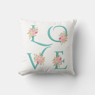 Teal blue floral Love typography Valentines Day Th Throw Pillow