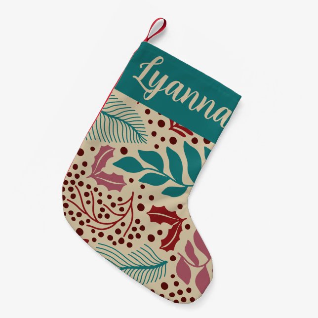 Teal Blue Floral Pattern Retro Cozy Christmas Small Christmas Stocking (Front (Hanging))